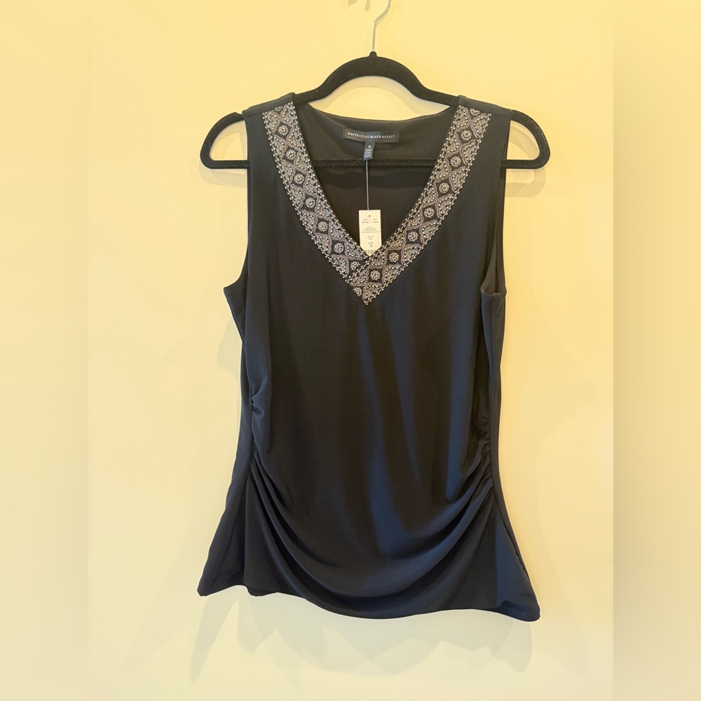 NWT White House Black Market Black V-Neck Top with Embellished Trim